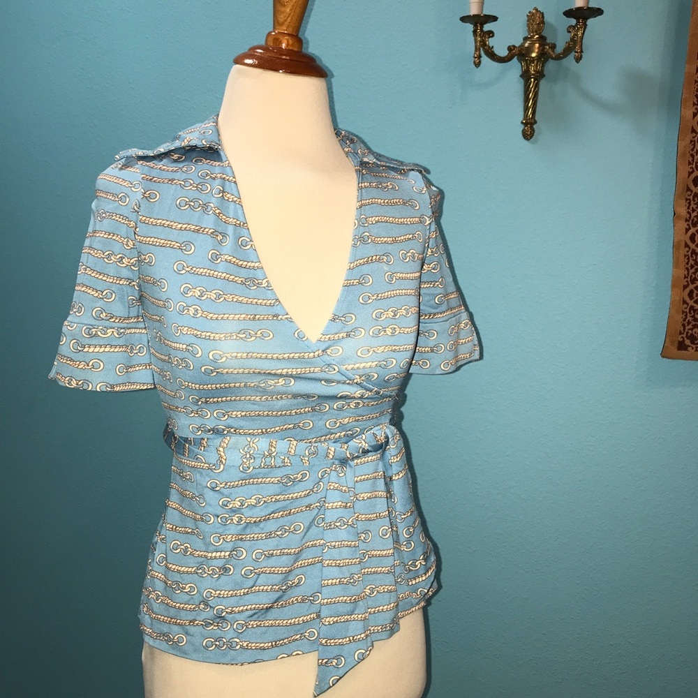 DVF Blue Silk “Julianna” Wrap Top - Picture 1 of 8